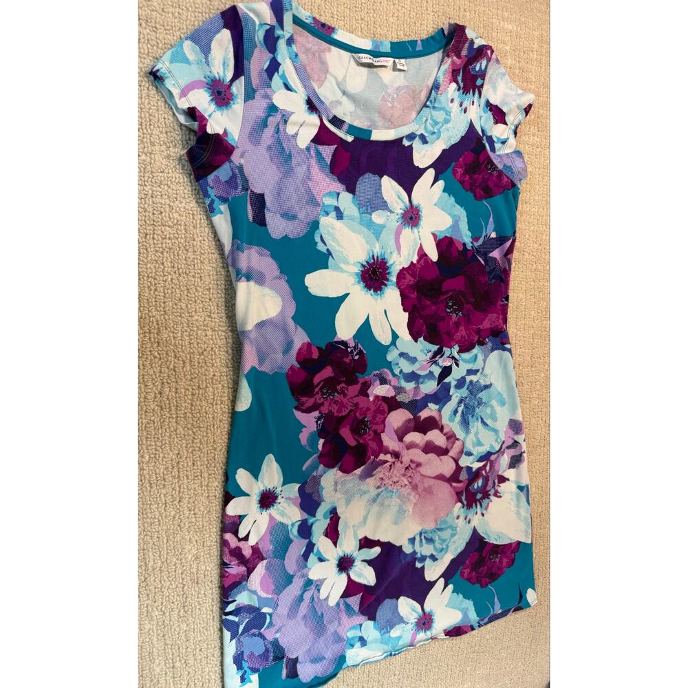 Isaac Mizrahi Live! Watercolor Botanical Floral Knit Tee Tunic Top Women’s S